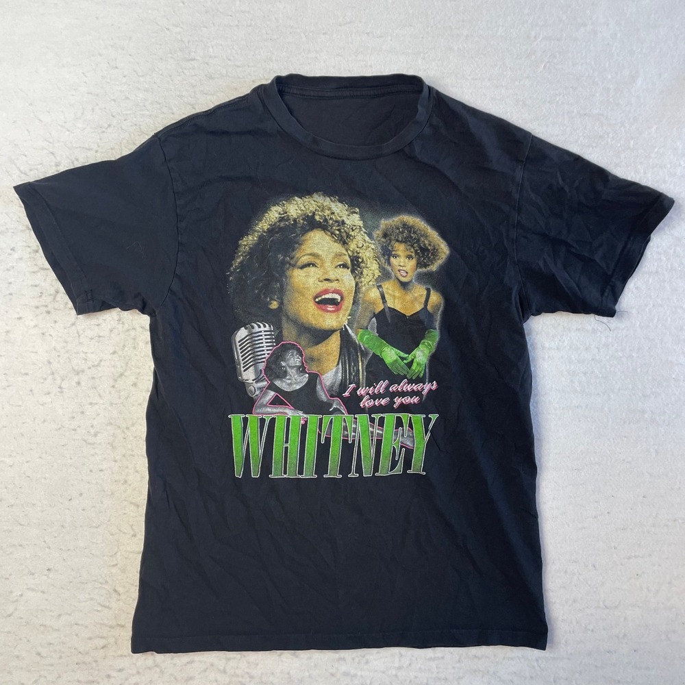 Whitney Houston Graphic T-Shirt Medium Black I Will Always Love You Tee Hole